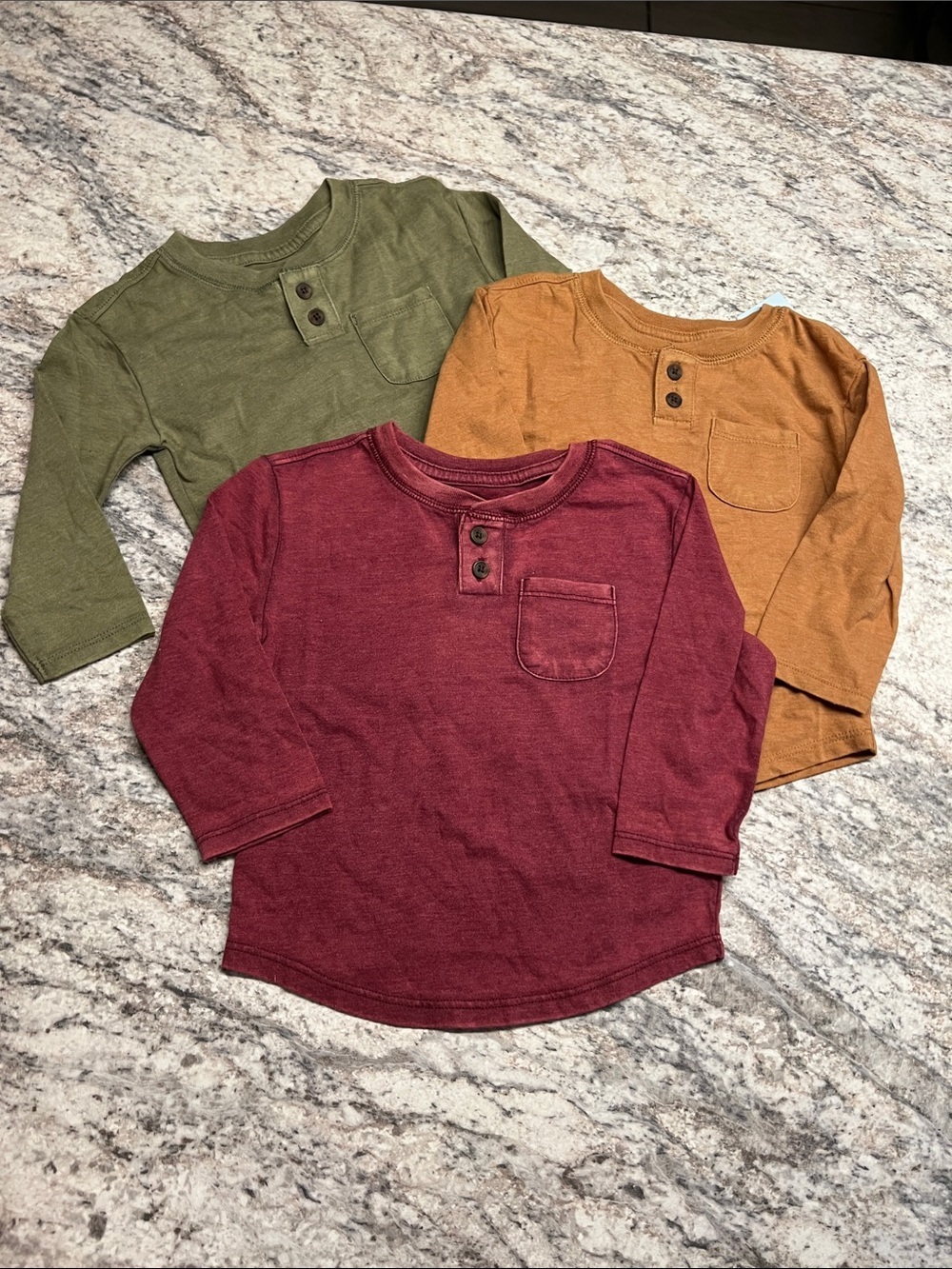 Cat & Jack 3-Pack Kids Long Sleeve Henley Tops - Olive, Mustard, Burgundy NWT